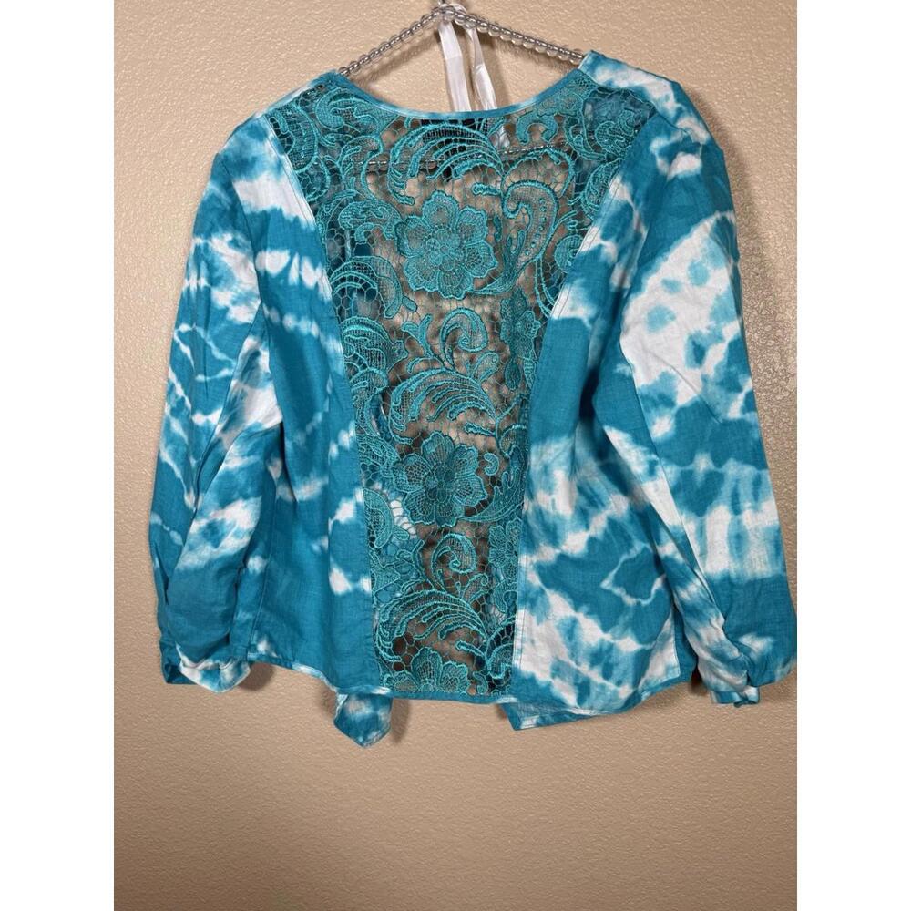 INC International Concepts Open Front Sz XL TieDye Lace Back Ruched Linen Jacket - Picture 3 of 5